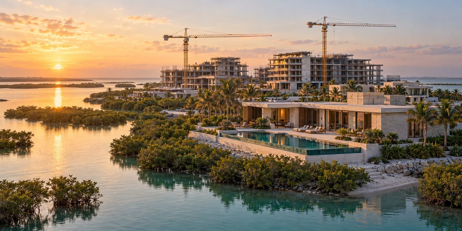 Promoción en construcción junto a manglares al amanecer