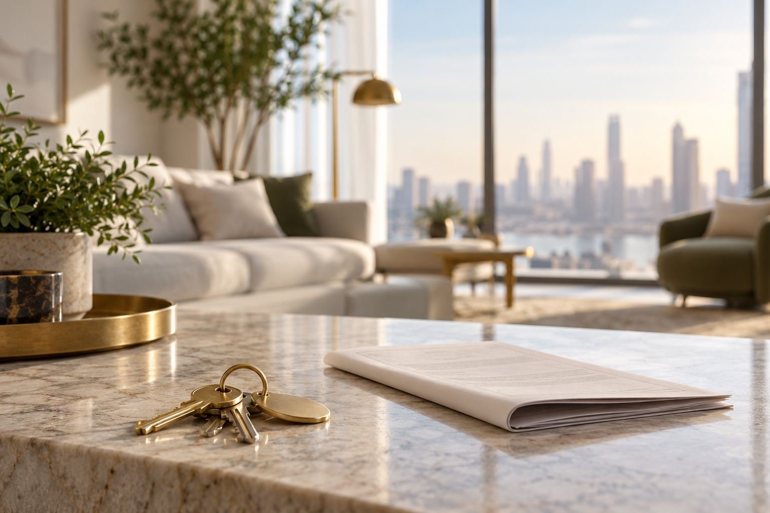 Llaves y contrato sobre una mesa de un piso con vistas a la ciudad