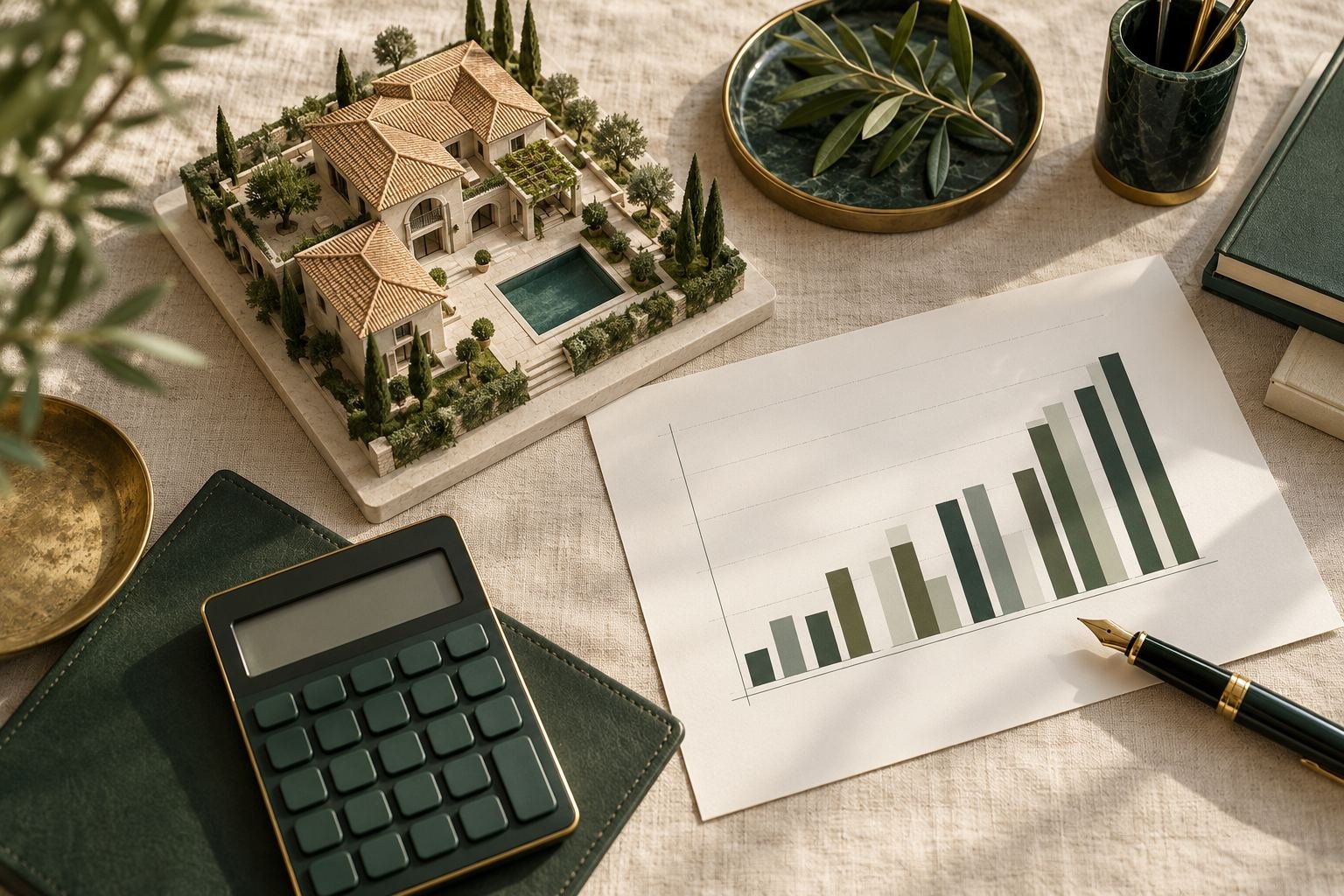 Maqueta de villa, calculadora y gráfico de barras sobre un escritorio