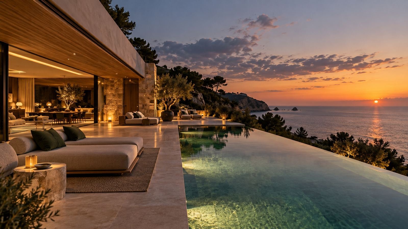 Terraza de villa de lujo con piscina infinita al atardecer